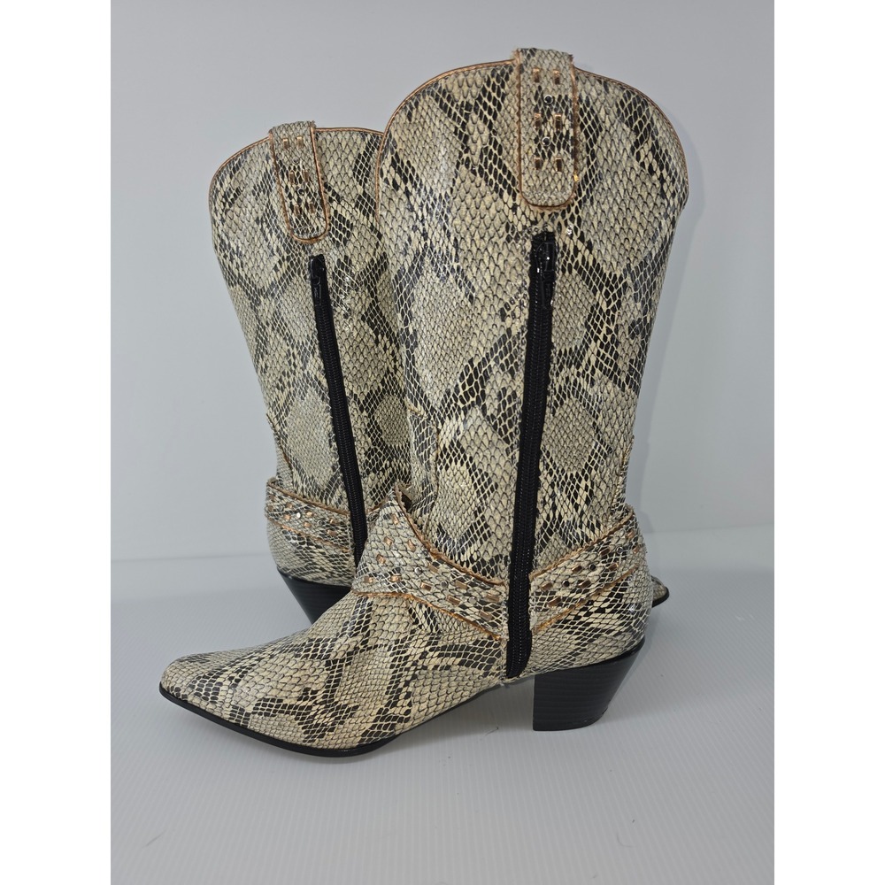 Vertical Snakeskin Print Cowboy Boots Womens 8 Studded Ankle Harness Pointed Toe